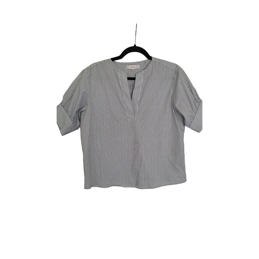 Frame Denim Namu Striped Organic Cotton Split Neck Puff Sleeve Blouse S